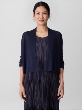 Eileen Fisher Navy Organic Linen Open-Front Cropped Cardigan